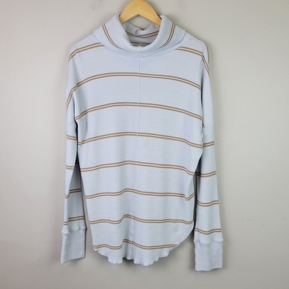 ARITZIA Babaton Cowlneck Thermal Long Sleeve Top Stripe Blue Tan L - Picture 5 of 11